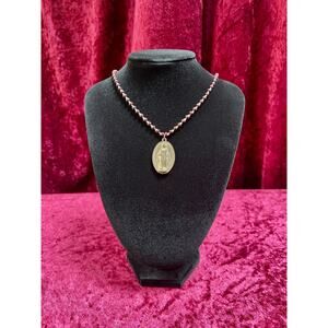 Vintage Metal Medallion Necklace – Miraculous Medal Beaded Rosary Style - 14"